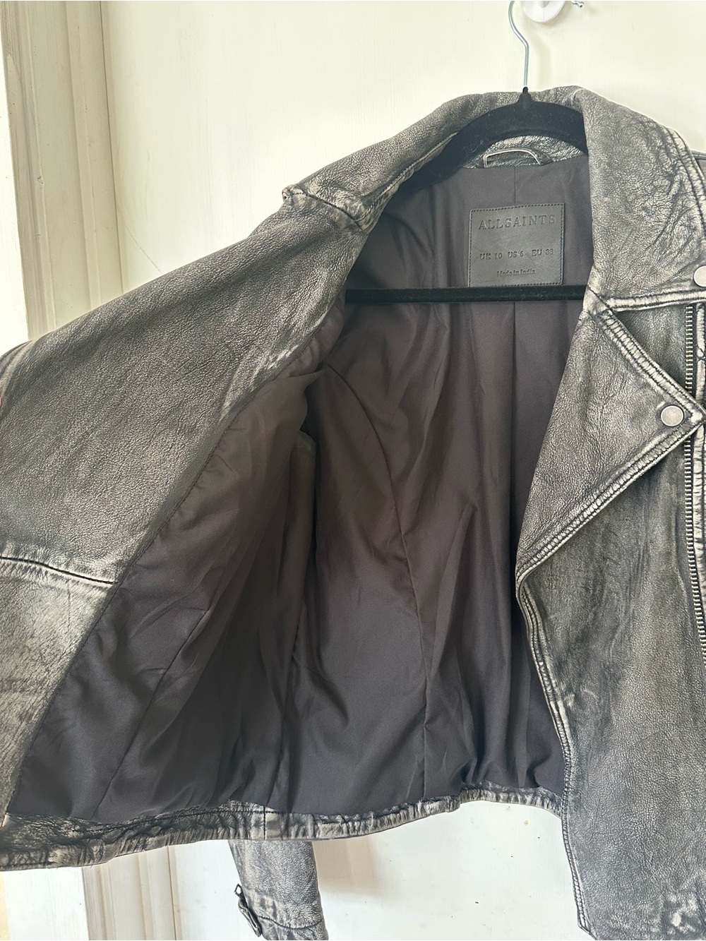 All Saints Vintage Cargo Biker Leather Jacket Intentionally Distressed Size 6 - Picture 7 of 7